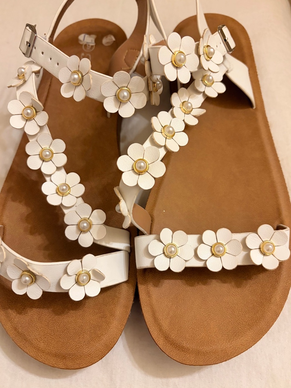 Women’s White Floral T-Strap Sandals with Pearl Centers